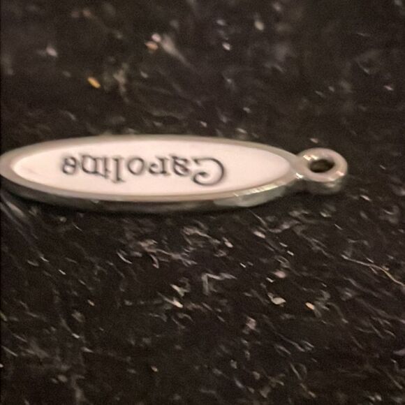 1” silver tone and white enamel charm/pendant embossed “Caroline” & jump hoop - Picture 5 of 9